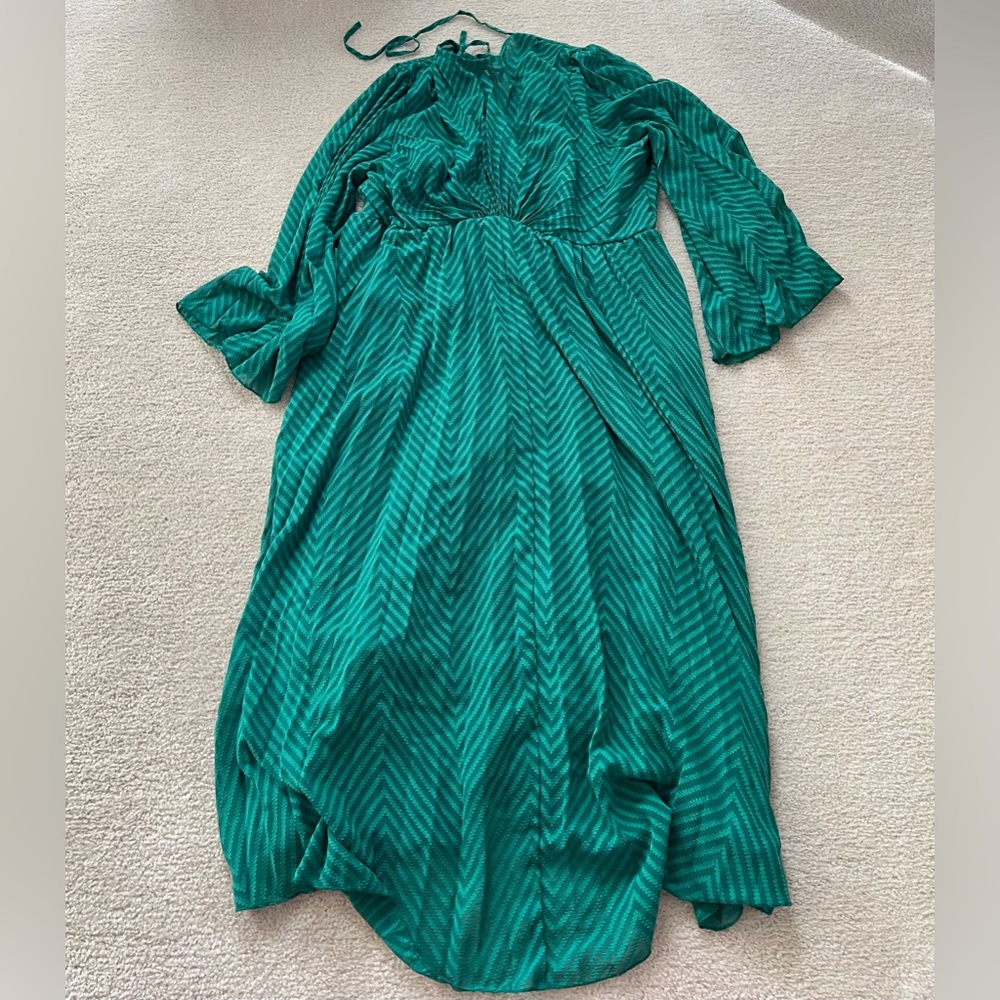ASOS Curve tie back fluted sleeve pleated chevron chiffon midi dress in green